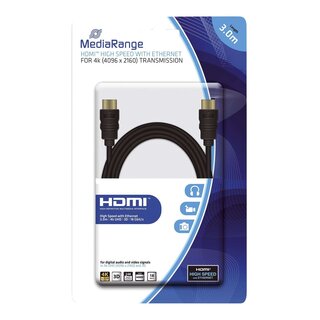 MediaRange HDMI-Kabel High Speed - 4K, mit Ethernet, vergoldete Kontakte, 18 Gbit/s Datenübertragungsrate, 3 m, schwarz