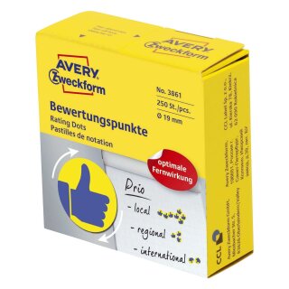 Avery Zweckform® 3861 Bewertungspunkt "Daumen" - Ø 19 mm, Spender mit 250 Etiketten, blau / gelb