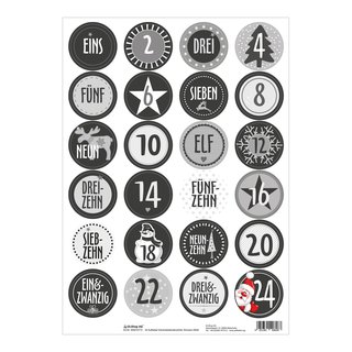 Adventskalender Stern 25 Kissenverpackungen mit 24 Zahlenaufklebern Schwarz/Weiß