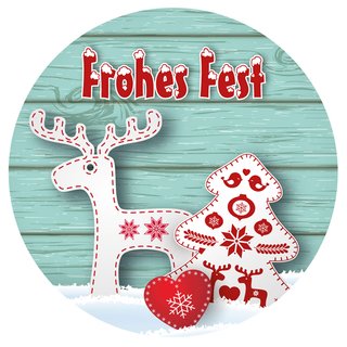 Weihnachtsaufkleber rund "Frohes Fest" Rentier türkis 40 mm 100er Rolle