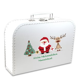 Pappkoffer 16 cm weiß mit Weihnachtsmann, Baum, Rentier und Wunschtext