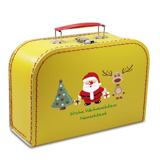 Pappkoffer 16 cm gelb mit Weihnachtsmann, Baum, Rentier und Wunschtext