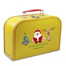 Pappkoffer 45 cm gelb mit Weihnachtsmann, Baum, Rentier und Wunschtext