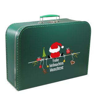 Pappkoffer 16 cm dunkelgrün mit Weihnachtsmann sitzend und Wunschtext