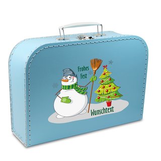 Pappkoffer blau mit Schneemann, Weihnachtsbaum und Wunschtext