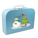 Pappkoffer blau mit Schneemann, Weihnachtsbaum und...