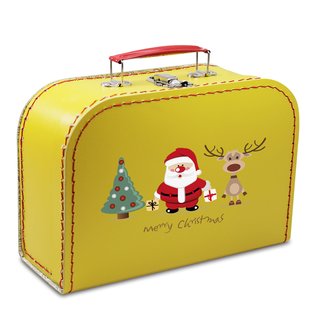 Pappkoffer gelb mit Weihnachtsmann, Baum, Rentier