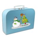 Pappkoffer blau mit Schneemann und Weihnachtbaum