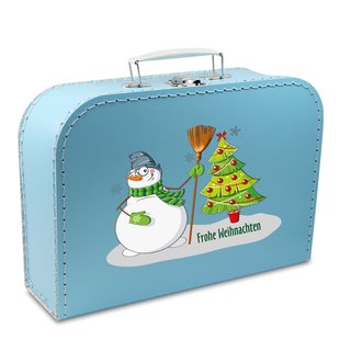 Pappkoffer 16 cm blau mit Schneemann und Weihnachtsbaum