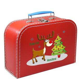 Pappkoffer rot mit Rentier, Weihnachtsbaum und Wunschtext