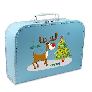 Pappkoffer blau mit Rentier, Weihnachtsbaum und Wunschtext