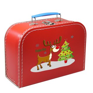 Pappkoffer 25 cm rot mit Rentier und Weihnachtsbaum