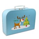 Pappkoffer 16 cm blau mit Rentier und Weihnachtsbaum