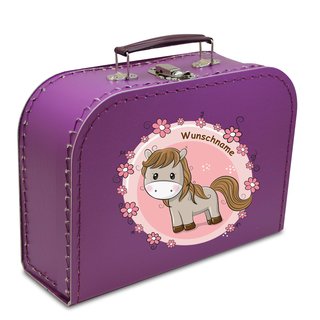 Kinderkoffer 16 cm violett mit Pferd, Blumenborde und Wunschtext