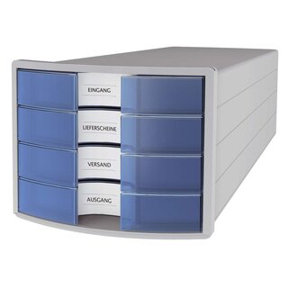 HAN Schubladenbox IMPULS - A4/C4, 4 geschlossene Schubladen, lichtgrau/transluzent-blau 1012-64