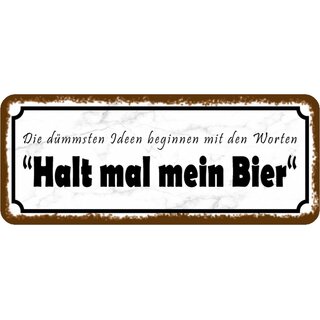 Schild Spruch "Dümmste Ideen - Halt mal mein Bier" 27 x 10 cm Blechschild