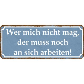 Schild Spruch "Wer mich nicht mag, muss an sich arbeiten" blau 27 x 10 cm Blechschild