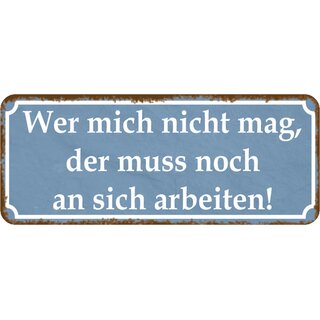 Schild Spruch "Wer mich nicht mag, muss an sich arbeiten" blau 27 x 10 cm Blechschild