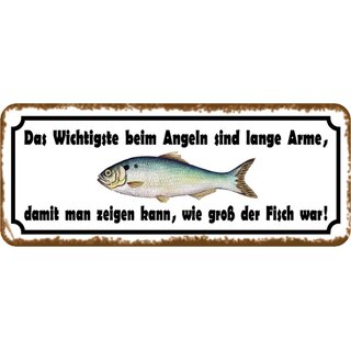 Schild Spruch "Angeln, lange Arme, zeigen wie groß Fisch war" 27 x 10 cm Blechschild