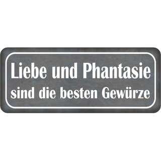 Schild Spruch "Liebe und Phantasie sind besten Gewürze" 27 x 10 cm Blechschild