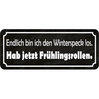 Schild Spruch Endlich Winterspeck los &ndash; habe Frühlingsrollen 27 x 10 cm Blechschild  