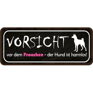 Schild Spruch "Vorsicht vor Frauchen, Hund harmlos" 27 x 10 cm Blechschild