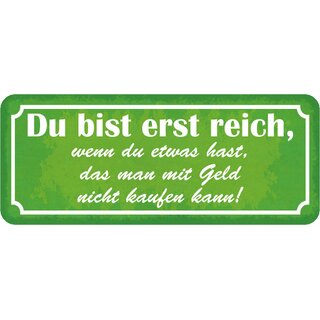 Schild Spruch "erst reich, hast, was mit Geld nicht kaufen kann" 27 x 10 cm Blechschild