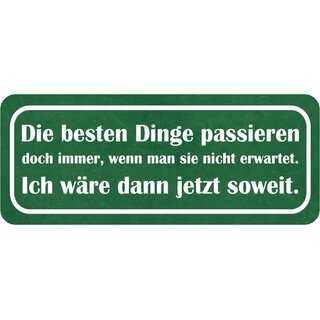 Schild Spruch "besten Dinge passieren, nicht erwartet - wäre soweit" 27 x 10 cm Blechschild