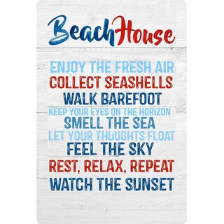 Schild Spruch "Beach House - Relax Sea Sunset Barefoot" 20 x 30 cm Blechschild