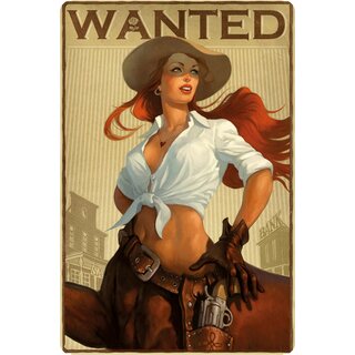 Schild Vintage "Wanted, rothaarige Frau mit Colt" 20 x 30 cm Blechschild