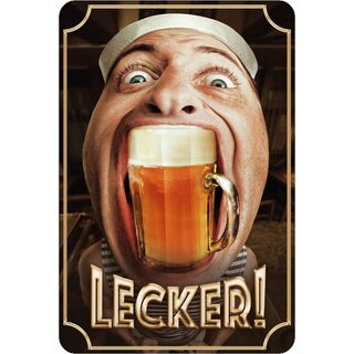 Schild Spruch Lecker- Mann mit Bierglas im Mund 20 x 30 cm Blechschild