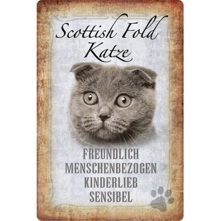 Schild Spruch "Scottish Fold Katze, freundlich sensibel" 20 x 30 cm Blechschild