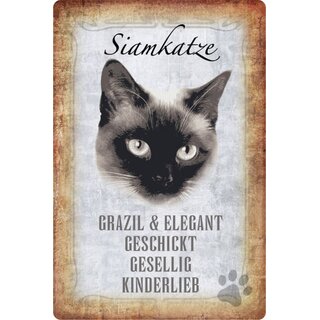 Schild Spruch "Siamkatze, geschickt gesellig kinderlieb" 20 x 30 cm Blechschild