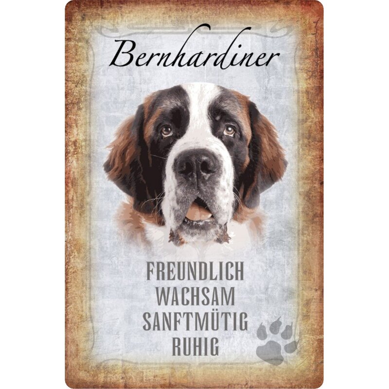Schild Spruch "Bernhardiner, freundlich wachsam" Hund 20 x 30 cm Blec