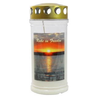 Gedenkkerze mit Bild "Sonnenuntergang-Ruhe in Frieden" ca. (ØxH) 75 x170 mm
