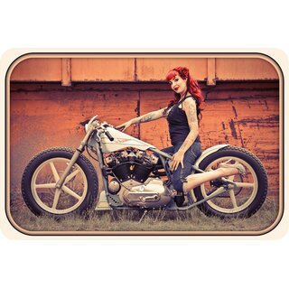 Schild Vintage "Rockabilly Frau auf Motorrad" 20 x 30 cm Blechschild