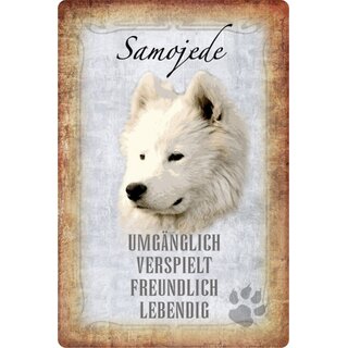 Schild Spruch "Samojede, umgänglich lebendig" Hund 20 x 30 cm Blechschild
