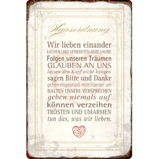 Schild Spruch "Hausordnung, lieben träumen verzeihen" 20 x 30 cm Blechschild