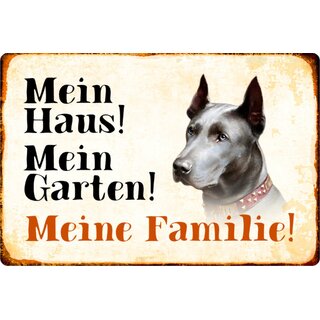 Schild Spruch "Mein Haus, Garten, Familie" Dogge Hund 20 x 30 cm Blechschild