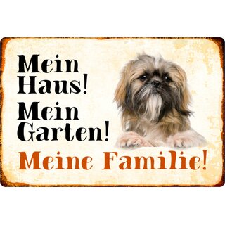 Schild Spruch "Mein Haus, Garten, Familie" Yorkshire Hund 20 x 30 cm Blechschild