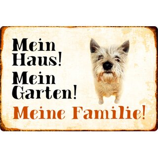 Schild Spruch "Mein Haus, Garten, Familie" Mischling Hund 20 x 30 cm Blechschild