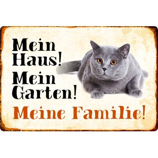 Schild Spruch "Mein Haus, Garten, Familie" Kater Katze 20 x 30 cm Blechschild