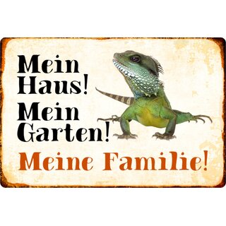 Schild Spruch "Mein Haus, Garten, Familie" Echse 20 x 30 cm Blechschild