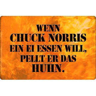 Schild Spruch "Wenn Chuck Norris Ei essen will, pellt er Huhn" 20 x 30 cm Blechschild