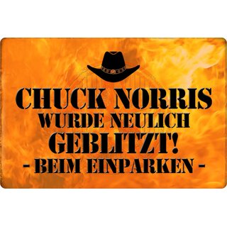 Schild Spruch "Chuck Norris neulich geblitzt, beim Einparken" 20 x 30 cm Blechschild