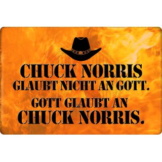 Schild Spruch "Chuck Norris glaubt nicht an Gott" 20 x 30 cm Blechschild