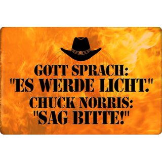 Schild Spruch "Gott sprach, es wird Licht, Chuck Norris" 20 x 30 cm Blechschild