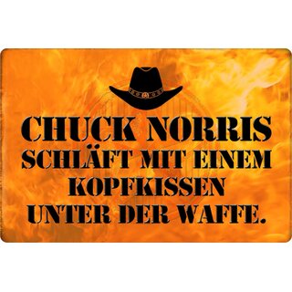 Schild Spruch "Chuck Norris schläft mit Kopfkissen Waffe" 20 x 30 cm Blechschild