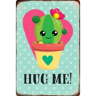Schild Spruch "Hug Me" Kaktus Pflanze Herz Blume 20 x 30 cm Blechschild