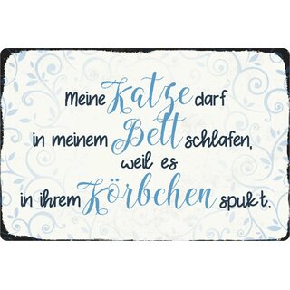 Schild Spruch "Katze darf in Bett schlafen, in Körbchen spukt" 20 x 30 cm Blechschild